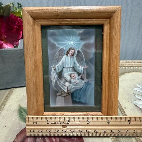 Vintage Heavenly Guardian Angel & Child Miniature Framed Prayer Card Wood Frame - Picture 3 of 6